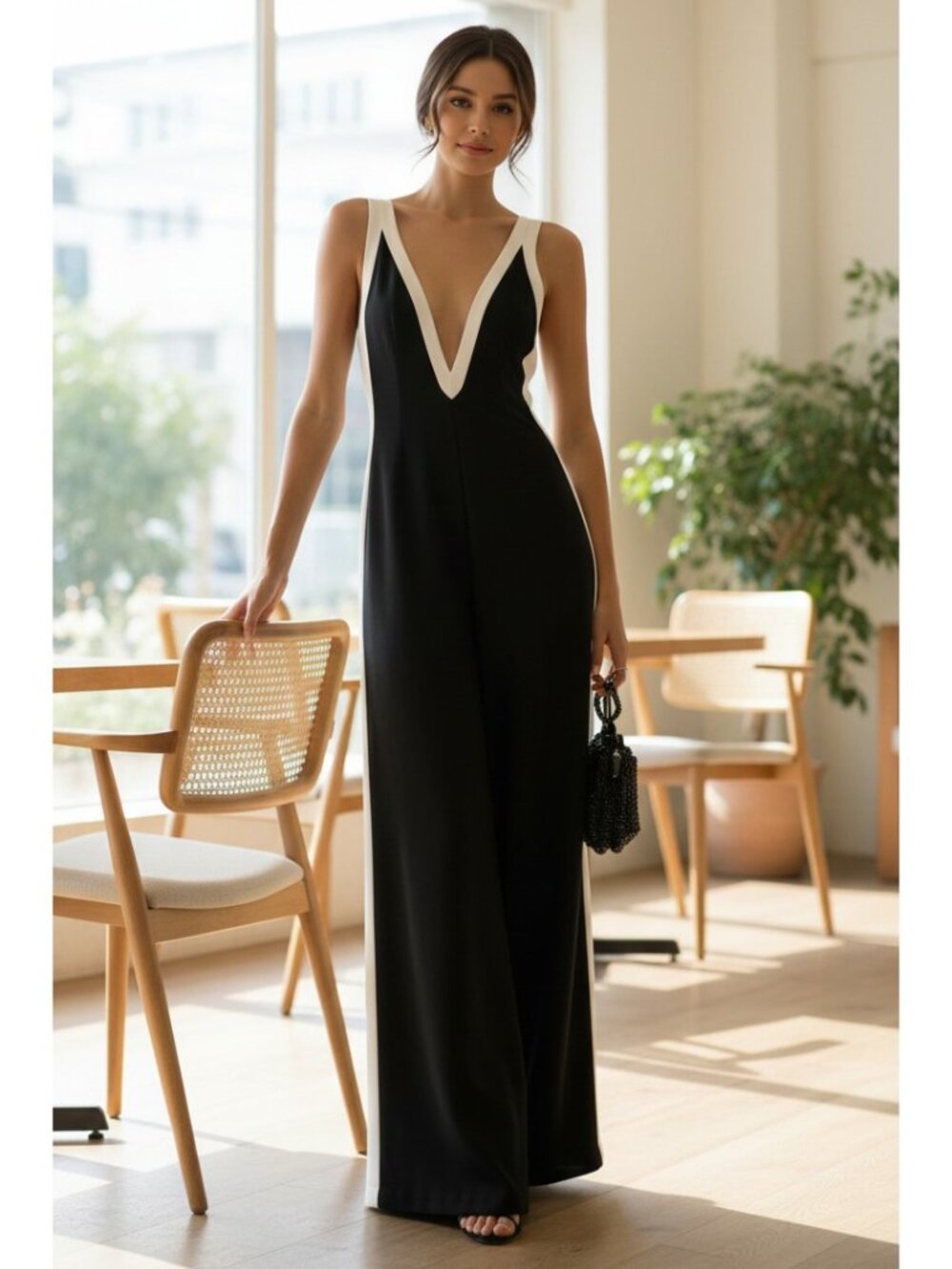 Contrasting Deep V-Neck Wide Leg Pants Sleeveless One-Piece Zipper Back Jumpsuit - Picture 4 of 6